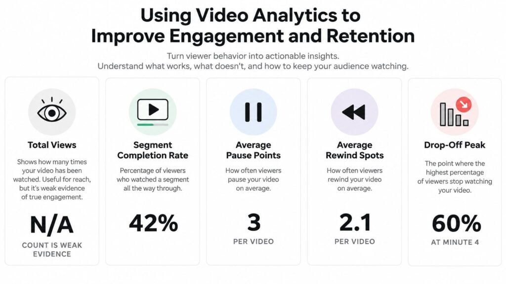 A graphic explaining five key video analytics metrics to improve audience engagement and viewer retention strategies.